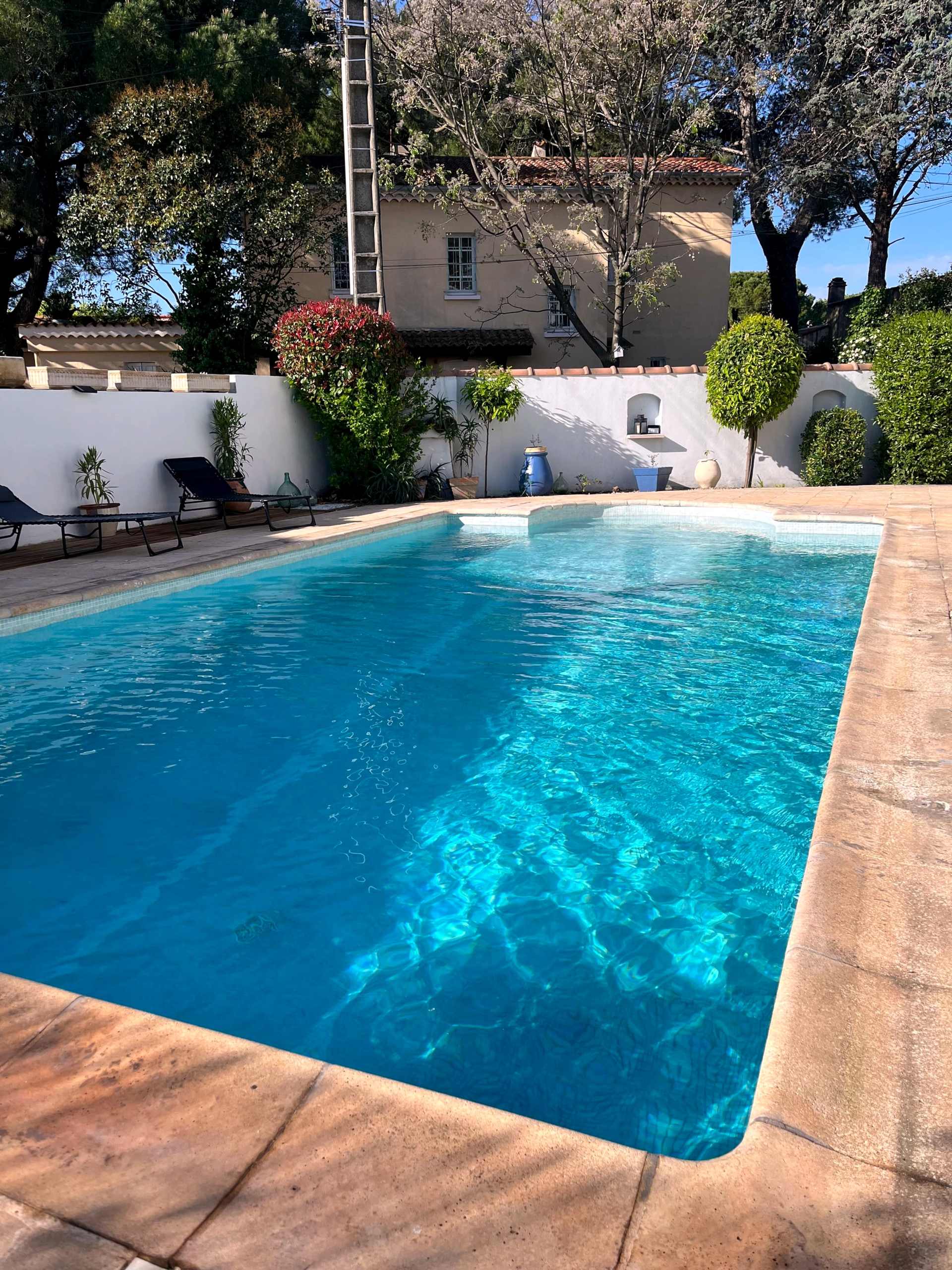 La piscine de dix mètres sur cinq, ses plages et ses bains de soleil.